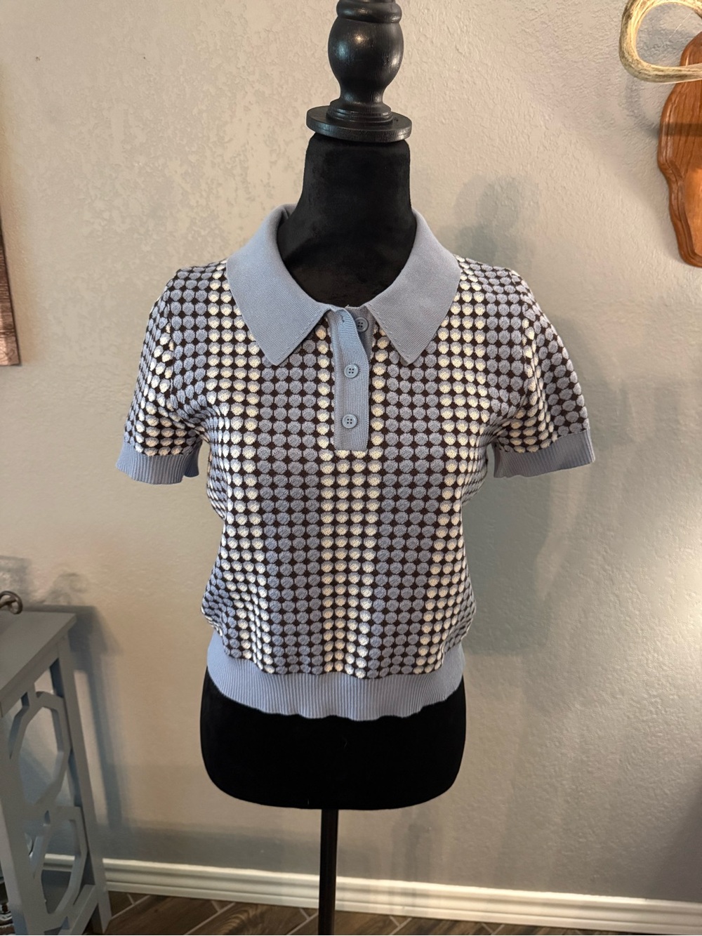 Lucy Paris Light Blue Polka Dot Knit Polo Tee